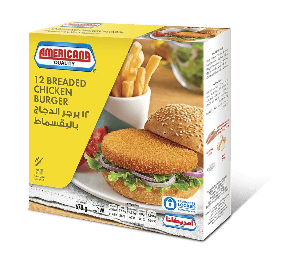 370124 Americana Breaded Chicken Burger 678g 12pcs New Pack Design 3D